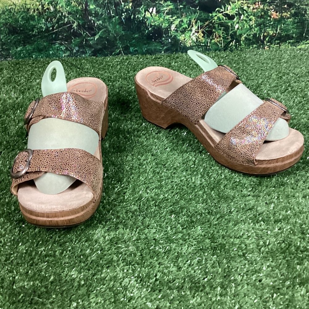 DANSKO Tan Leather Double Buckle Slide Wedge Sandals 38 ( 7.5 )